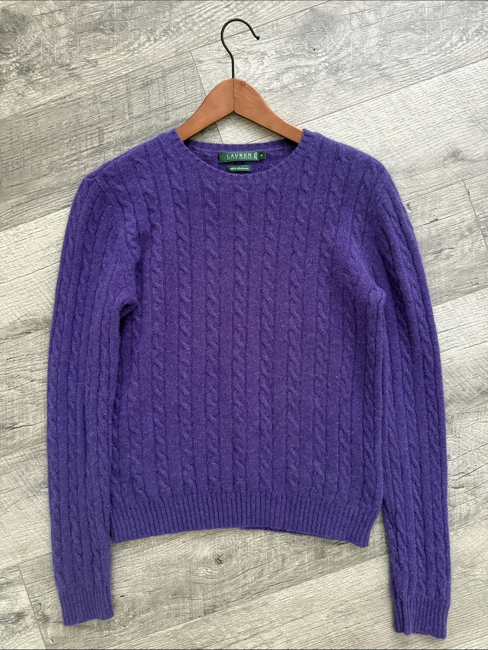 Ralph Lauren Purple Cable Crewneck pure cashmere Sweater in purple sz M